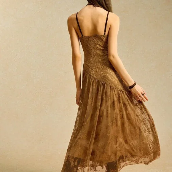 Brown Boho Lace Patchwork Women's Cheetah Print Maxi Sundress - Picture 2 of 7